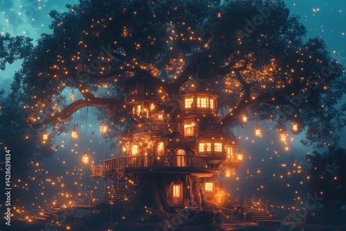 Enchanted treehouse illuminated by glowing lanterns in a magical forest at twilight