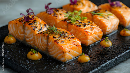 Obraz na płótnie Grilled Salmon presented on a black textured surface with elegant side garnishing w salonie