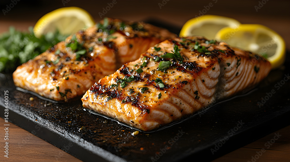 Grilled Salmon presented on a black textured surface with elegant side garnishing