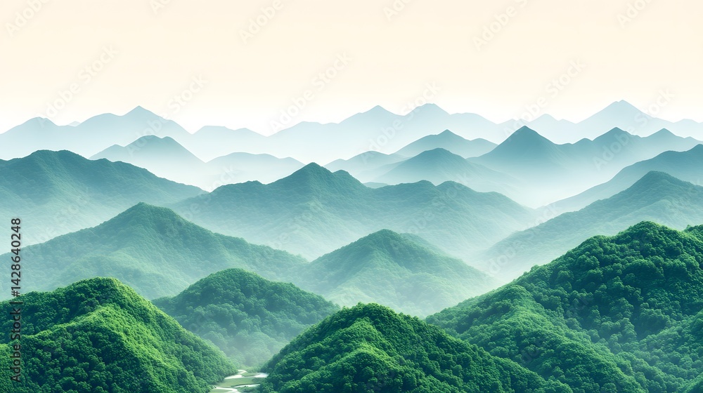 Obraz premium Serene Green Mountains Landscape Stunning Misty View Breathtaking Nature Scenery