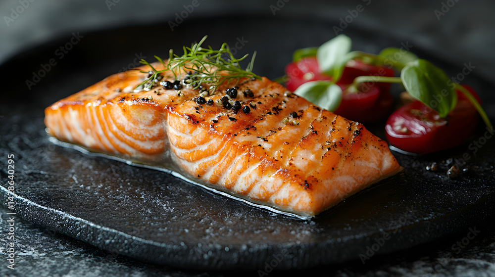 Grilled Salmon presented on a black textured surface with elegant side garnishing