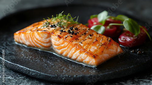 Obraz na płótnie Grilled Salmon presented on a black textured surface with elegant side garnishing w salonie