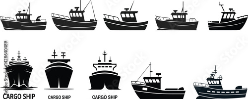 Ship Silhouettes Collection of Fishing Boats Cargo Vessels and Maritime Icons in Black and White Illustration Style