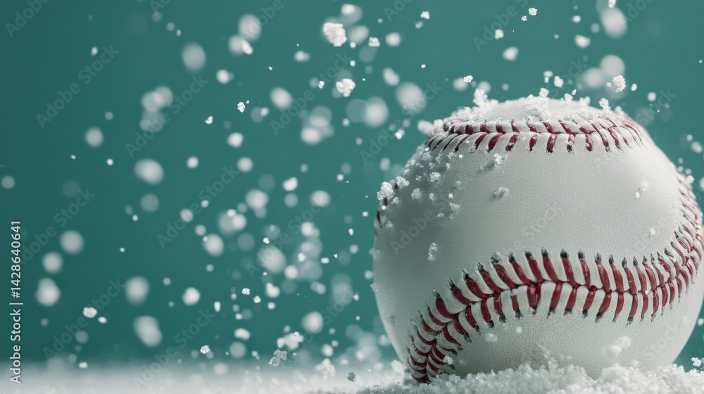 Baseball Surrounded by Falling Snowflakes on a Cold Winter Day