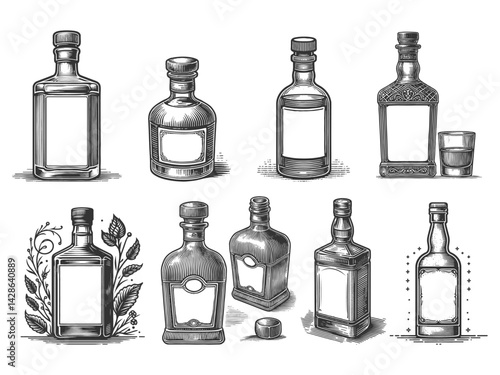 liquor bottles with empty labels, ideal for branding, packaging, or bar-themed artwork set collection bundle sketch engraving generative ai vector illustration. Scratch board. Black and white image.