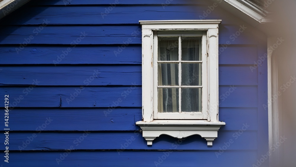Fototapeta premium A striking blue house featuring a classic window framed in white.