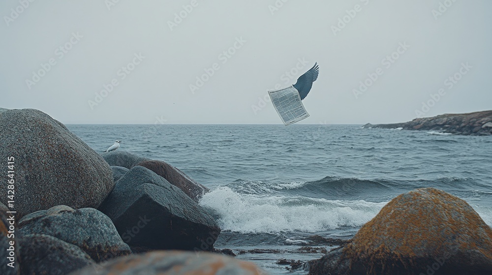 Bird Flying Over Ocean with Newspaper in Hand Amidst Waves