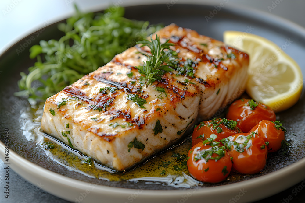 Grilled Swordfish styled on dark grey background with clean plating and props