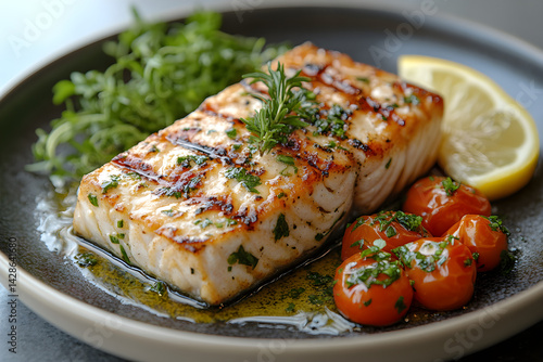 Grilled Swordfish styled on dark grey background with clean plating and props