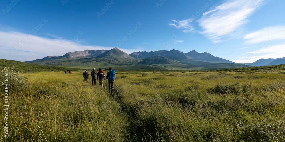 A group of people are walking through a grassy field A group of people are walking through a grassy field