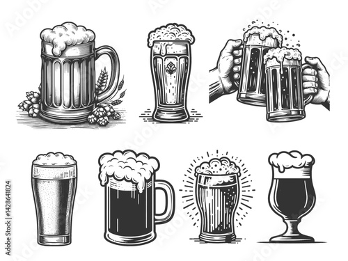 beer glasses and mugs with frothy tops, perfect for brewery, Oktoberfest, or pub themes set collection bundle sketch engraving generative ai vector illustration. Scratch board. Black and white image.