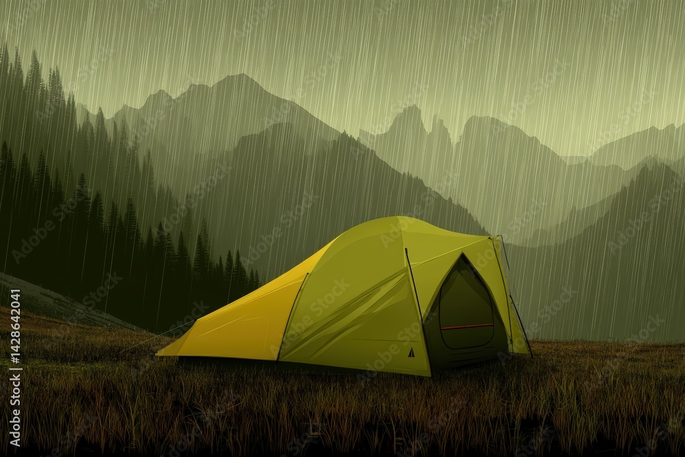 A vibrant yellow tent stands in a misty landscape, surrounded by mountains and rain, capturing the essence of outdoor adventure and nature's beauty. A vibrant yellow tent stands in a misty landscape, surrounded by mountains and rain, capturing the essence of outdoor adventure and nature's beauty.