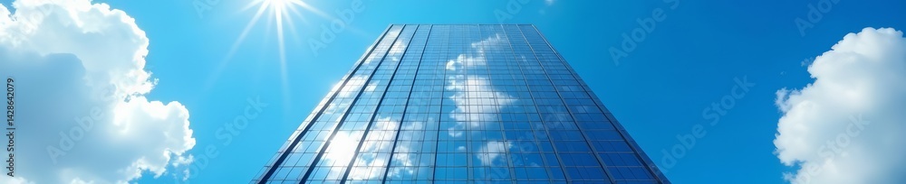 Skyscraper facade mirroring clear blue skies and puffy white clouds, sunshine, nature Skyscraper facade mirroring clear blue skies and puffy white clouds, sunshine, nature