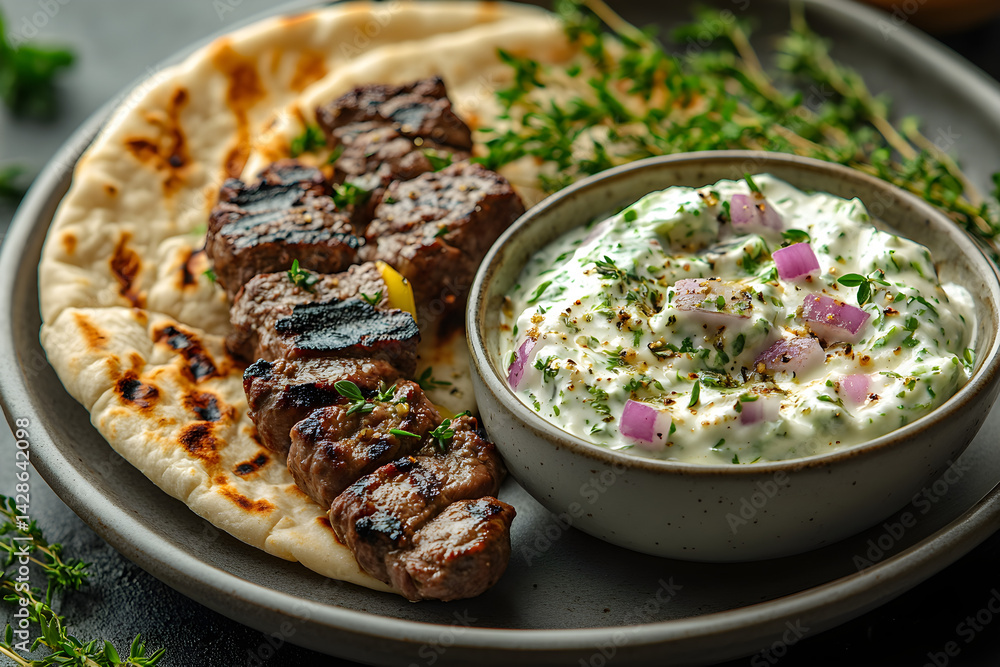 Grilled beef kebabs served with tzatziki sauce and pita bread