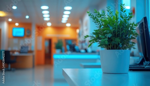 A modern office interior featuring a potted plant on a desk with a blurred background.
