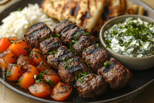 Obraz na płótnie Grilled beef kebabs served with tzatziki sauce and pita bread w salonie