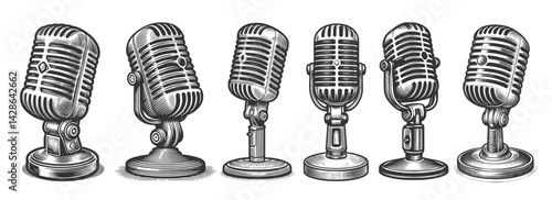 microphones for music, podcasting, broadcasting, or retro audio themes Set collection bundle sketch engraving generative ai vector illustration. Scratch board imitation. Black and white image.