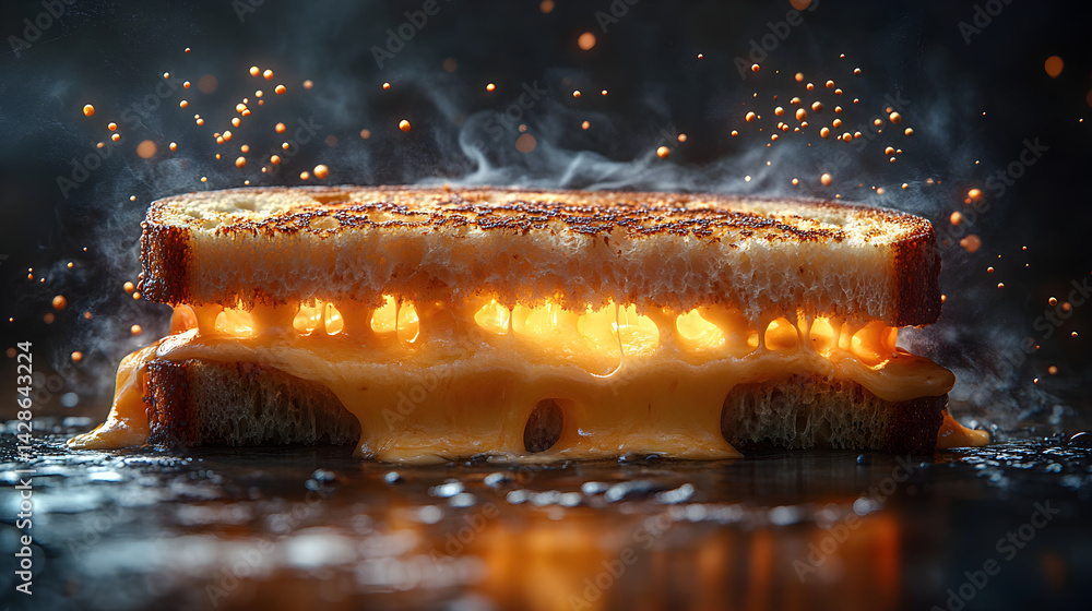 Grilled cheese sandwich with melted cheese spilling out on a dark background