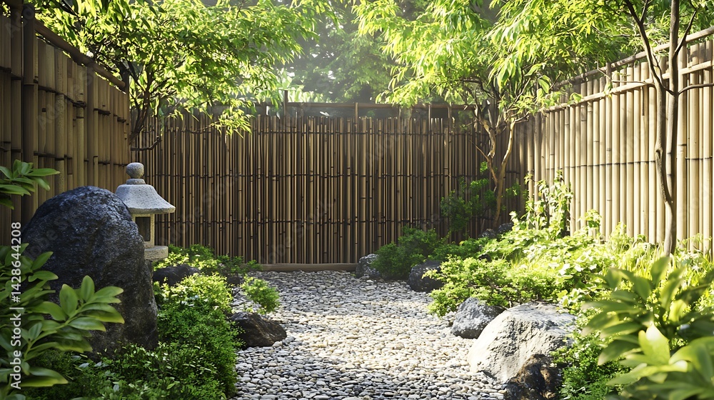 Obraz premium Tranquil Japanese garden enclosure with bamboo fencing.