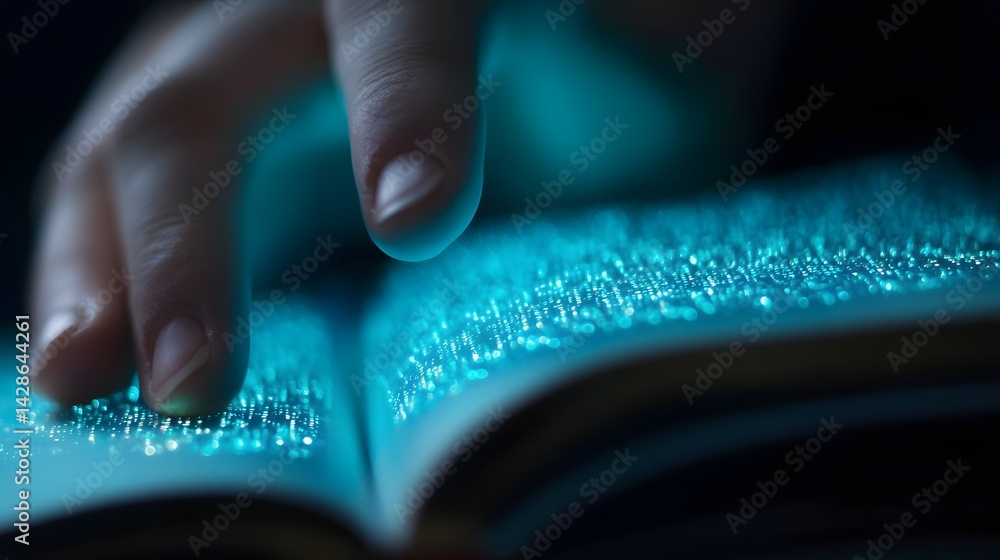 Finger Pressing Glowing Digital Book Icon for Futuristic E-Learning Experience