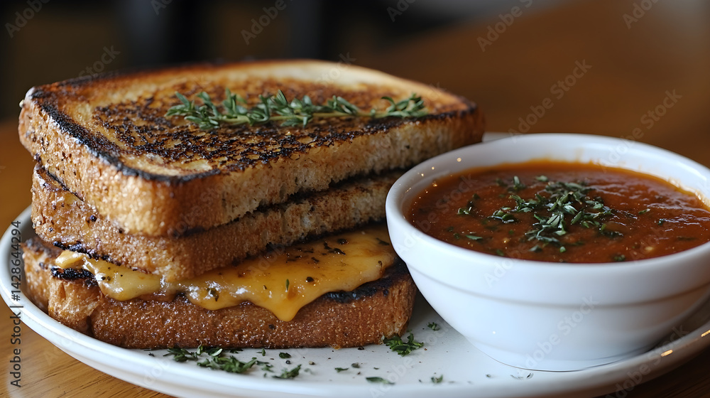 Grilled cheese sandwich with tomato soup in a bowl on the side