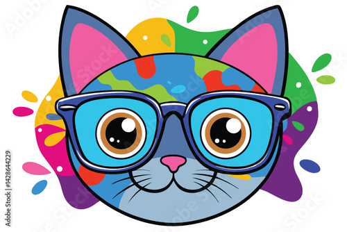 Colorful artistic cat  with colorful paint splatters on white background.