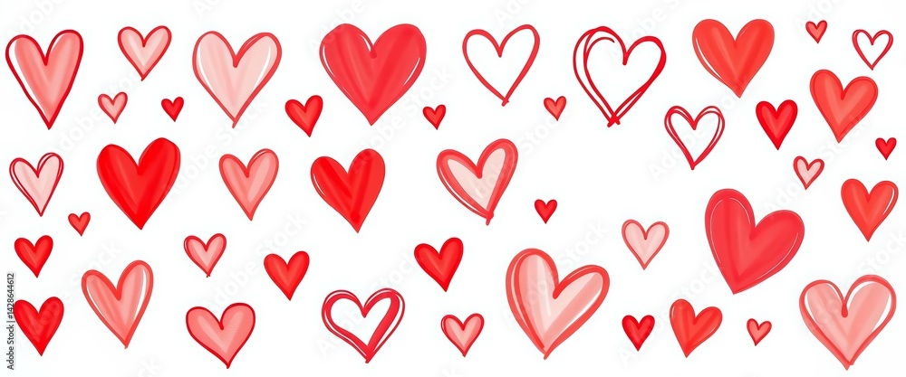 Twenty-one hand-drawn red hearts, isolated on white, for Valentine's designs, isolated, simple Twenty-one hand-drawn red hearts, isolated on white, for Valentine's designs, isolated, simple