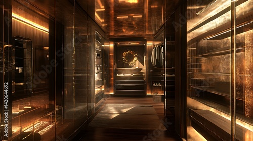 Luxurious, opulent walk-in closet with golden accents.