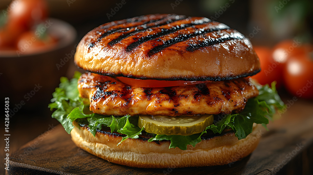 Grilled chicken sandwich with lettuce, tomato, and pickles on a bun