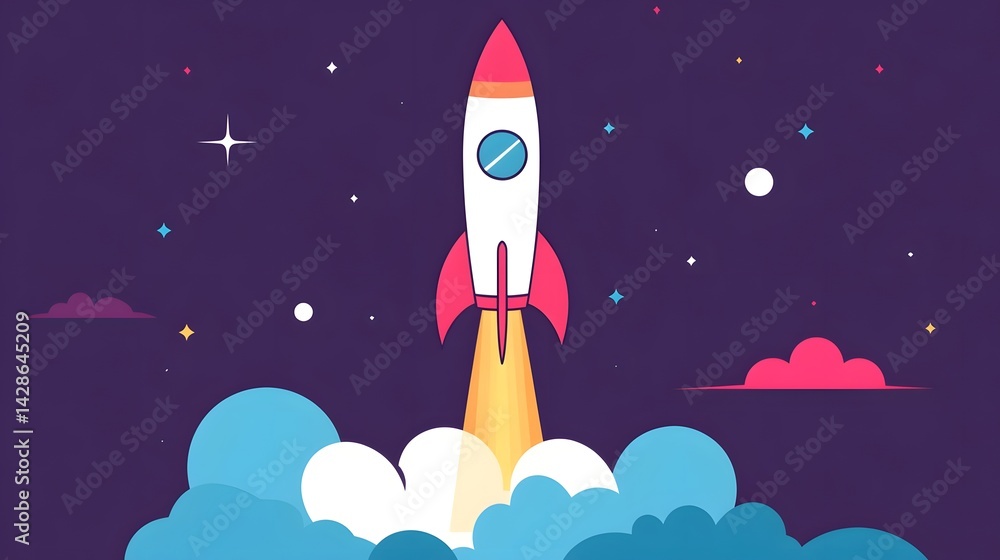 Fototapeta premium Rocket Blasting Off into the Starry Night Sky, Representing Ambition and Technological Progress