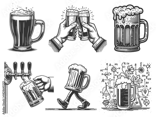 beer mugs, frothy glasses, hop leaves, and cheerful toasts, brewing or festive pub designs set collection bundle sketch engraving generative ai vector illustration. Scratch board. Black and white.