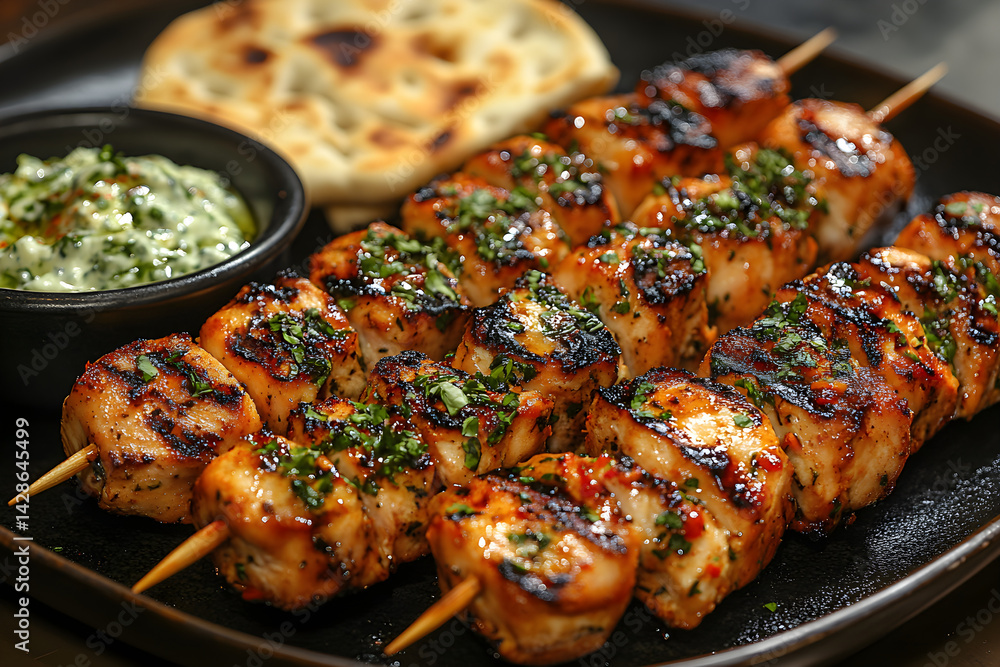 Grilled chicken skewers served with a side of tzatziki sauce and pita bread