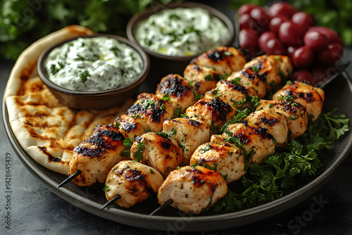 Obraz na płótnie Grilled chicken skewers served with a side of tzatziki sauce and pita bread w salonie