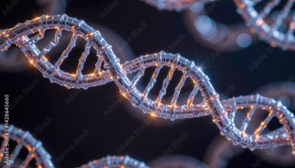 DNA helix structure with sparkling details against a dark background. DNA helix structure with sparkling details against a dark background.