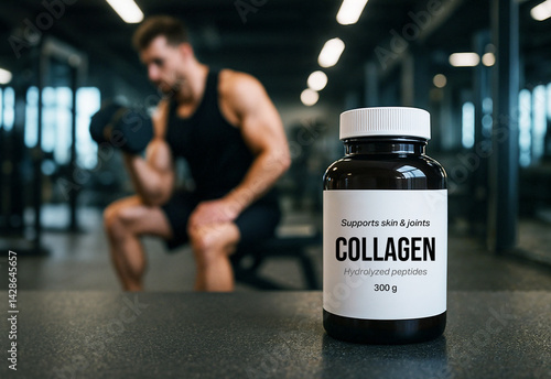 Collagen supplement bottle in focus with athlete lifting dumbbells in gym background, fitness and bodybuilding nutrition product for joint support and muscle recovery