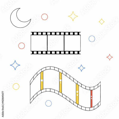 Film strip design with decorative elements like stars and circles, perfect for movie night themes, on white background, commercial use
