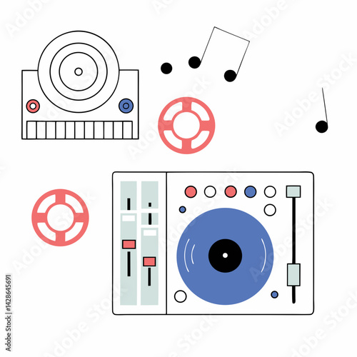 DJ equipment vinyl records music notes turntable mixer sound gear creative design vibrant colors, on white background, commercial use