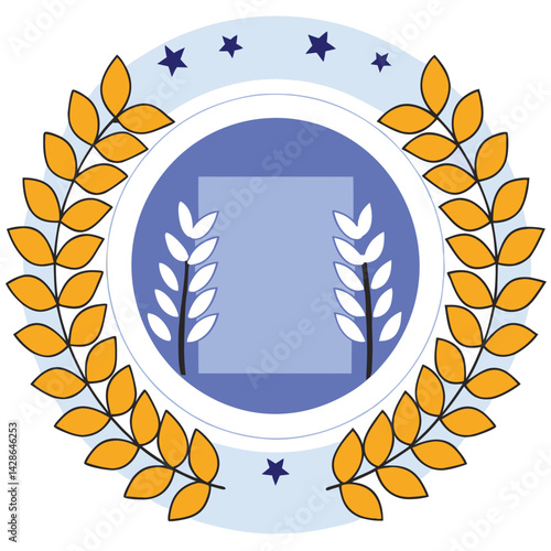 Delicate laurel branch logo design featuring circular frame with stars and central placeholder, on white background, commercial use