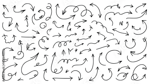 Collection of hand drawn doodle arrows direction indicators in black
