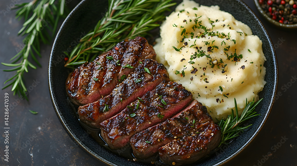 Grilled lamb chops with rosemary and garlic served with mashed potatoes