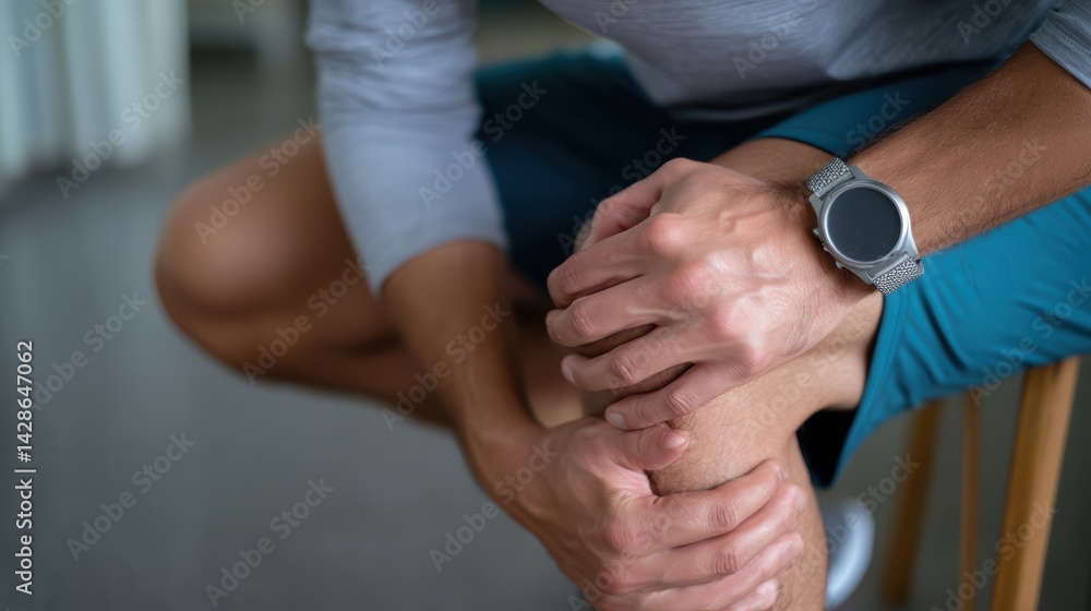man is gripping his thigh, showing signs of discomfort or pain. He is wearing casual outfit, including light gray long sleeve shirt and blue shorts. setting appears to be indoors, with soft focus man is gripping his thigh, showing signs of discomfort or pain. He is wearing casual outfit, including light gray long sleeve shirt and blue shorts. setting appears to be indoors, with soft focus