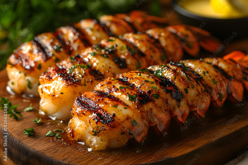 Grilled lobster tail with garlic butter served on a wooden platter