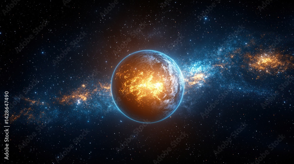 Glowing planet, starry galaxy, cosmic art Glowing planet, starry galaxy, cosmic art