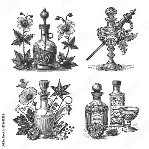 absinthe bottles set collection bundle surrounded by botanical herbs, citrus, and poppies, vintage bar or apothecary themes sketch engraving generative ai vector. Scratch board. Black and white image.