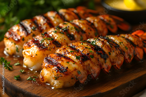Grilled lobster tail with garlic butter served on a wooden platter
