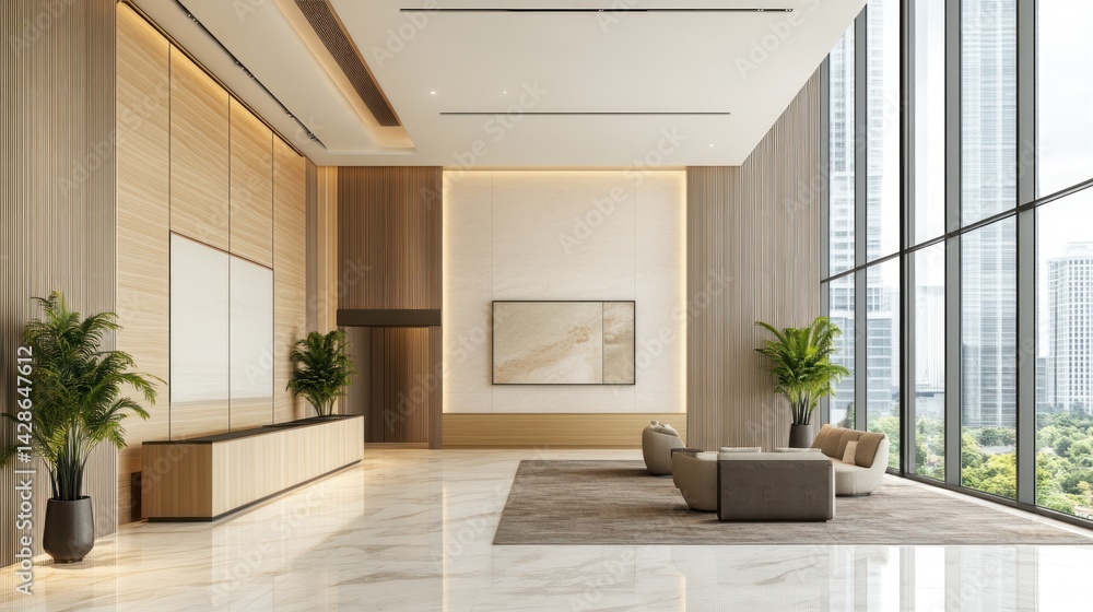 Fototapeta premium Modern Lobby Design: Sophisticated Minimalist Interior with City Views