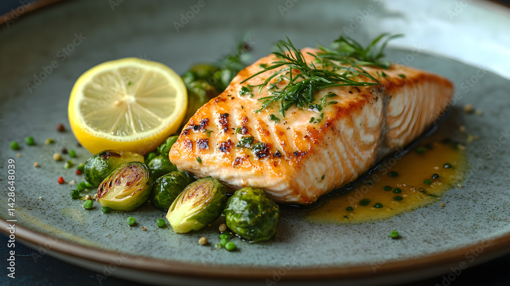 Grilled salmon served with a lemon wedge and roasted Brussels sprouts