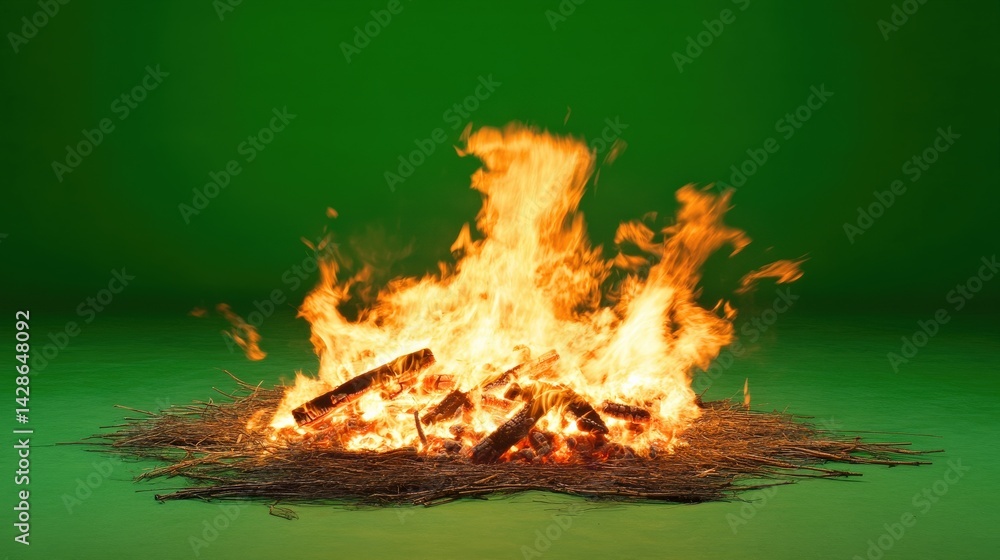 Bright Flames Erupting from a Bonfire on a Green Background