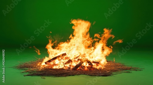 Obraz na płótnie Bright Flames Erupting from a Bonfire on a Green Background w salonie
