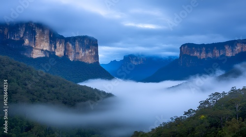Majestic Blue Mountains Landscape Foggy Valley Sunrise Scene